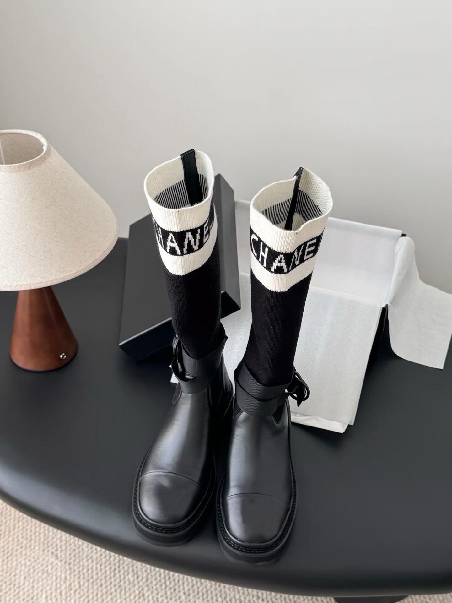 Black And White Technical Knit With Black Calfskin Boot