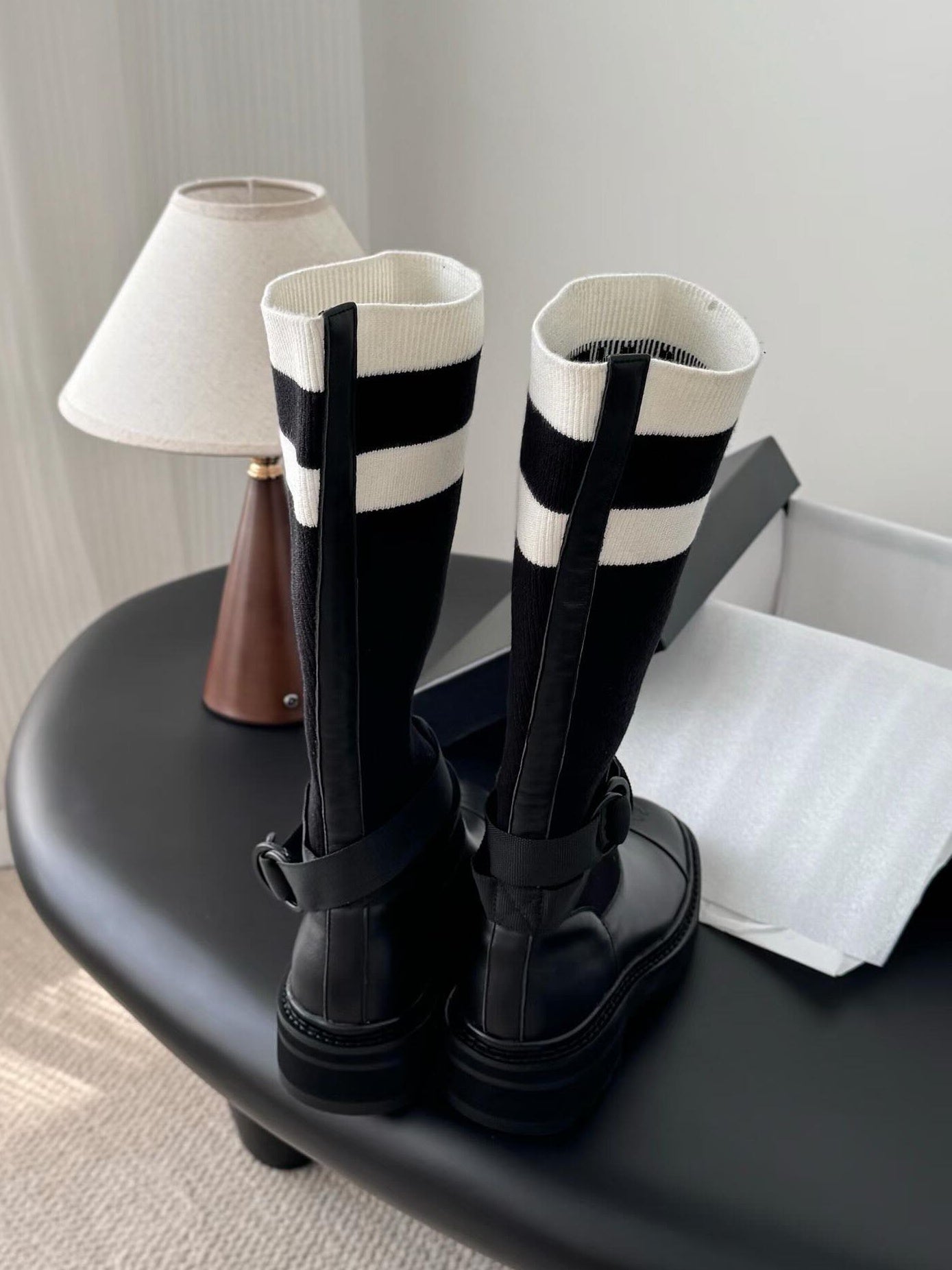 Black And White Technical Knit With Black Calfskin Boot