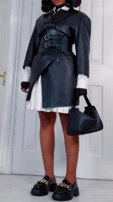 Black Leather Mid-length Jacket With Waist