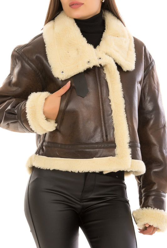 Faux Leather Jacket With Sherpa Detail