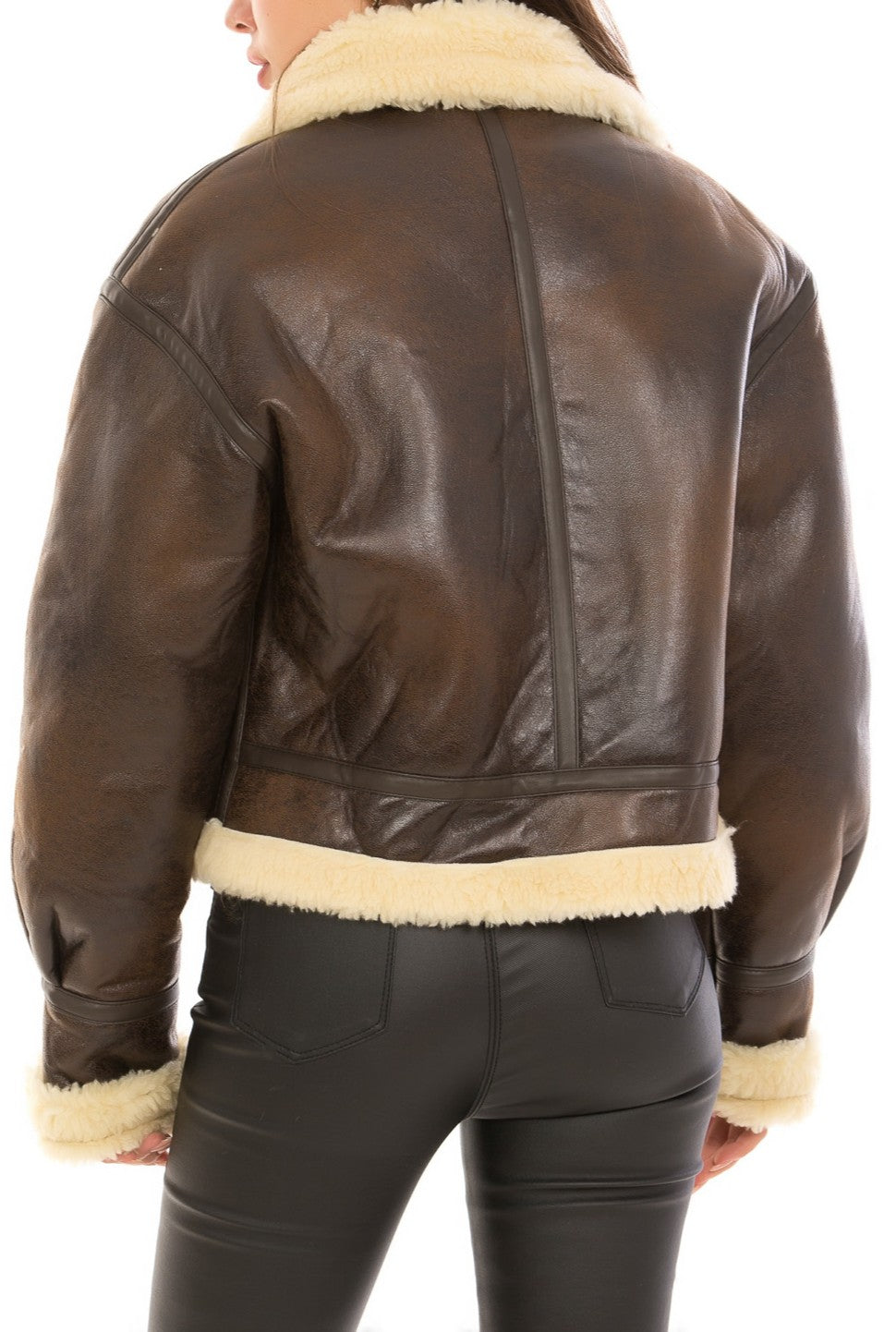 Faux Leather Jacket With Sherpa Detail