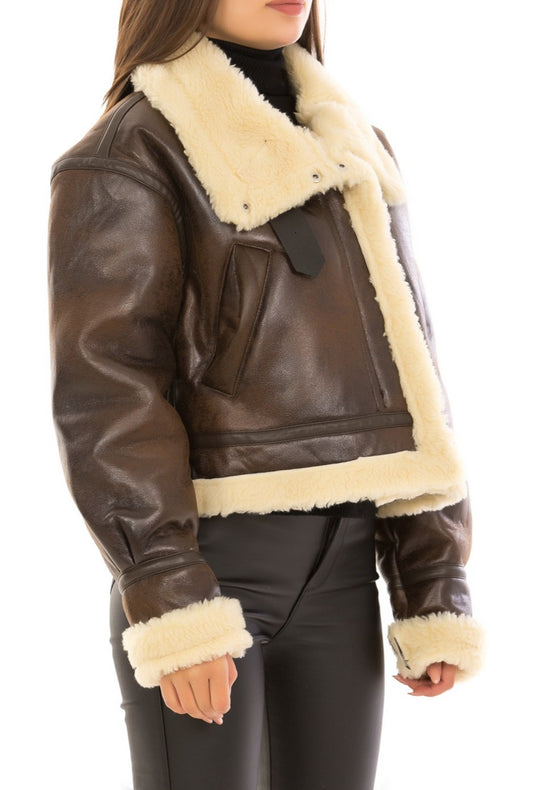 Faux Leather Jacket With Sherpa Detail