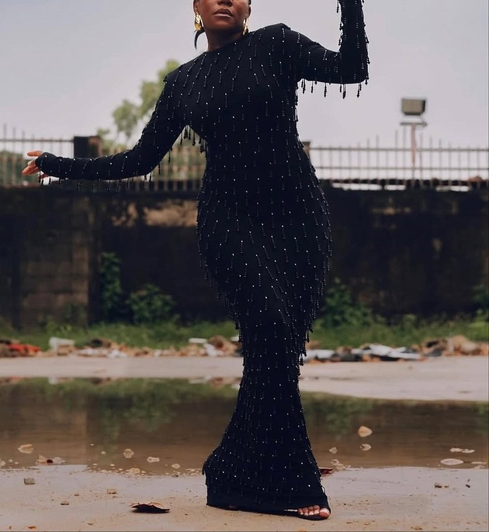 Black Beaded Tassel Maxi Dress