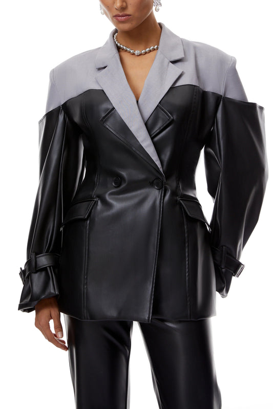 Black Leather Patchwork Suit Jacket（Free shipping）