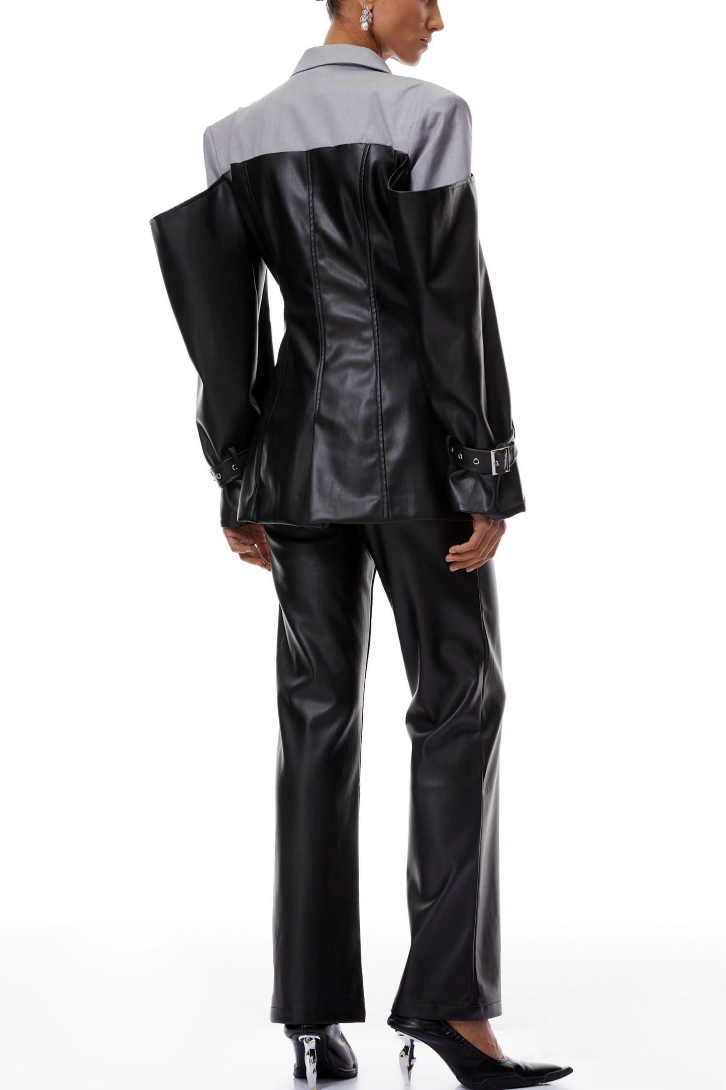Black Leather Patchwork Suit Jacket（Free shipping）