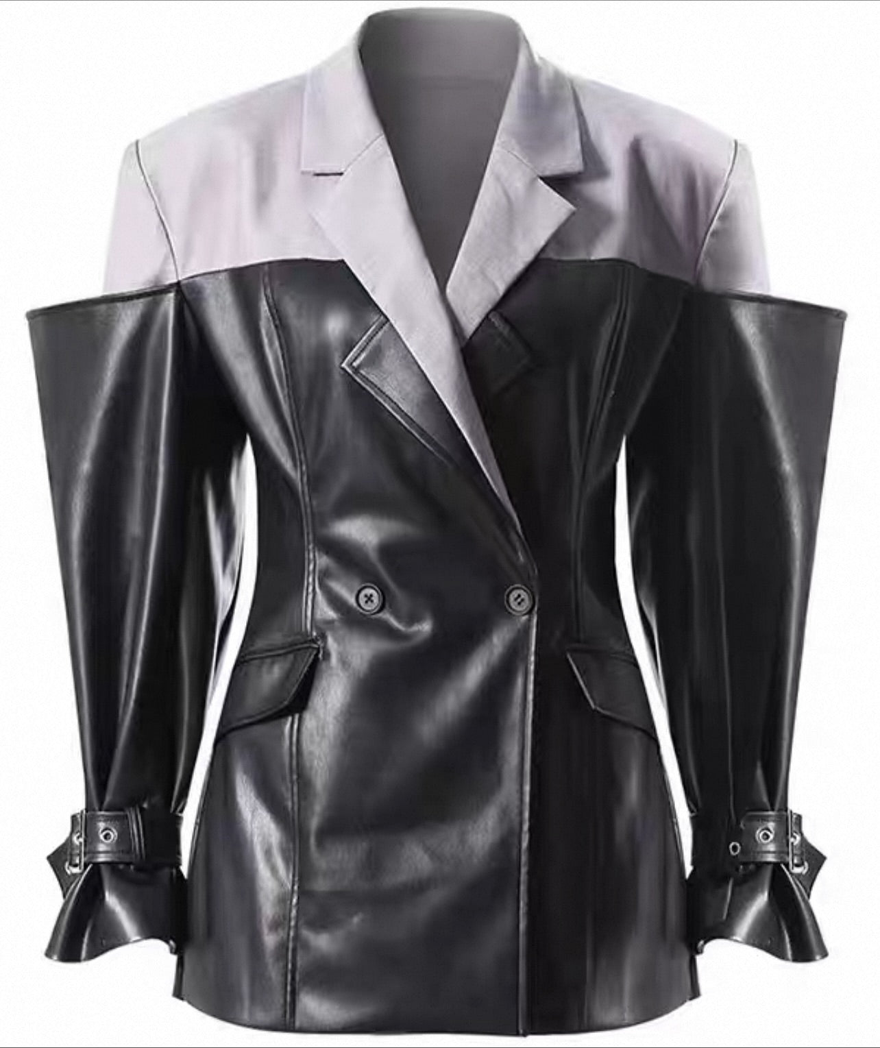 Black Leather Patchwork Suit Jacket（Free shipping）