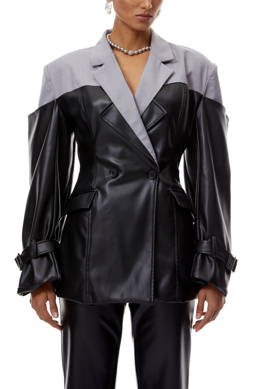 Black Leather Patchwork Suit Jacket（Free shipping）