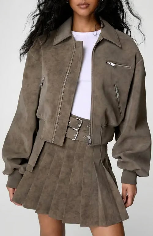 Brown Faux Suede Bomber Jacket Suit（Free shipping）