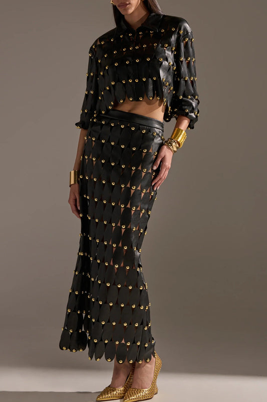 Black PU Leather Shirt And Skirt With Stud Embellishments.（Free shipping）