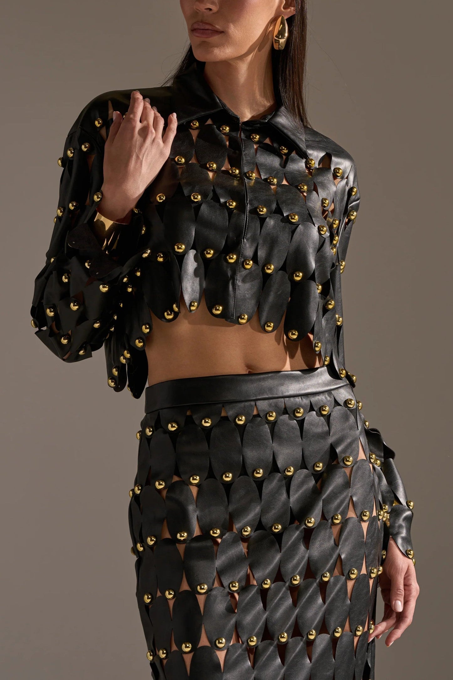 Black PU Leather Shirt And Skirt With Stud Embellishments.（Free shipping）
