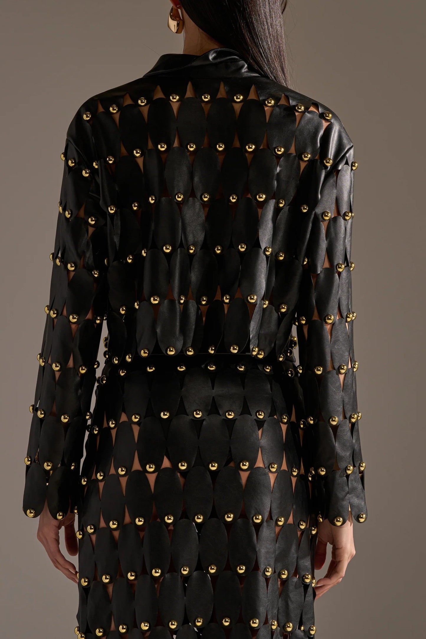 Black PU Leather Shirt And Skirt With Stud Embellishments.（Free shipping）