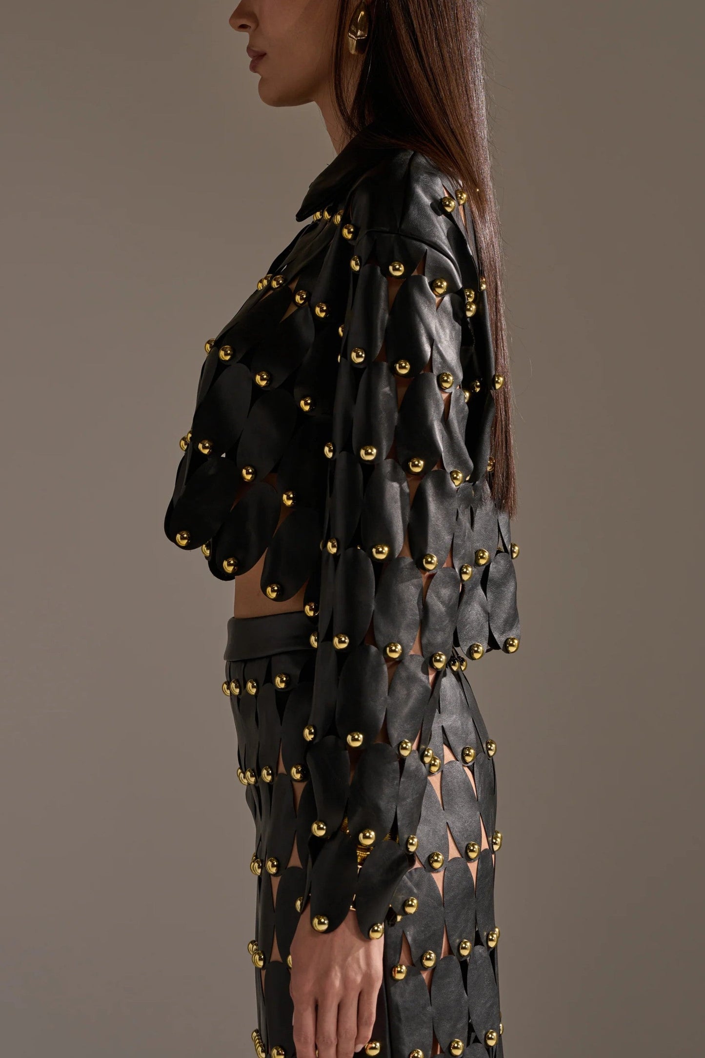 Black PU Leather Shirt And Skirt With Stud Embellishments.（Free shipping）