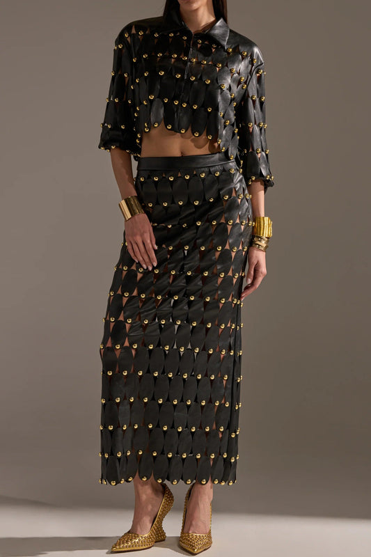 Black PU Leather Shirt And Skirt With Stud Embellishments.（Free shipping）