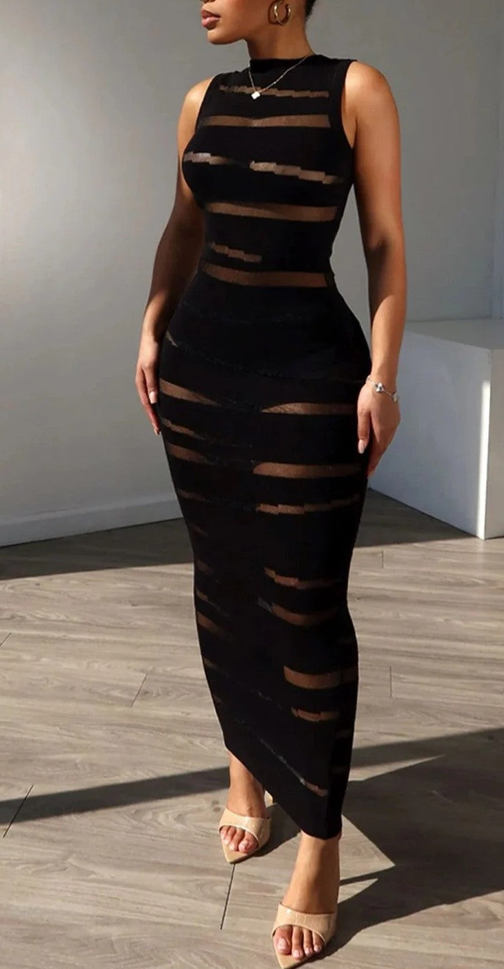 Black Openwork Sleeveless Knitted Long Dress