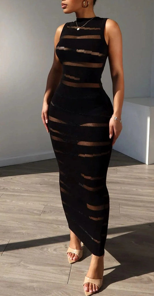 Black Openwork Sleeveless Knitted Long Dress