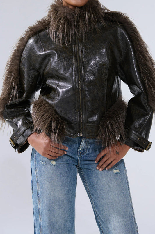 Leather Jacket With Fur Trim And Tassels（Free shipping）