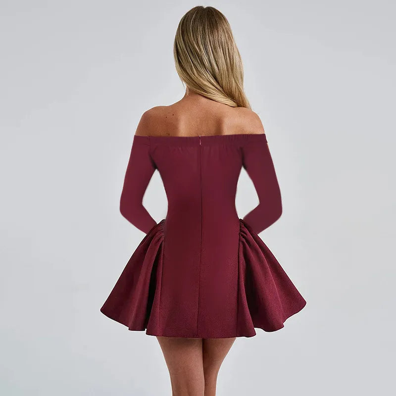 Bell-sleeved, Off-the-shoulder, Solid-colored Mini A-line Dress