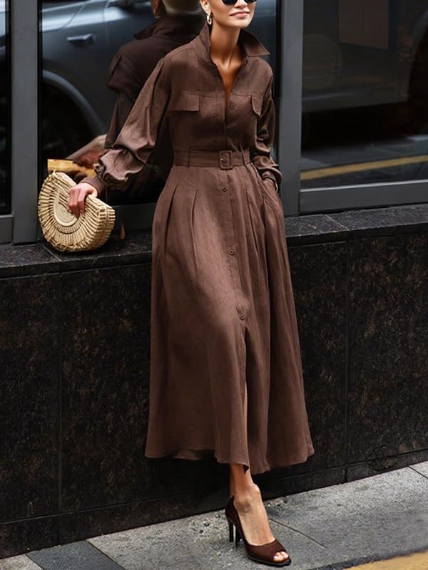 Women's Lapel Long-sleeved Button-down Shirt Dress
