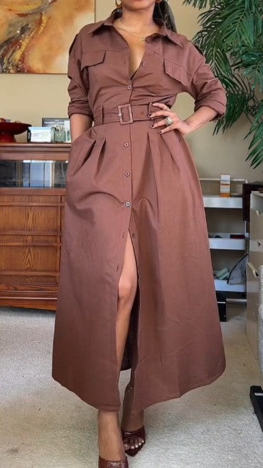 Women's Lapel Long-sleeved Button-down Shirt Dress