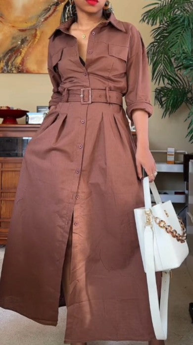 Women's Lapel Long-sleeved Button-down Shirt Dress