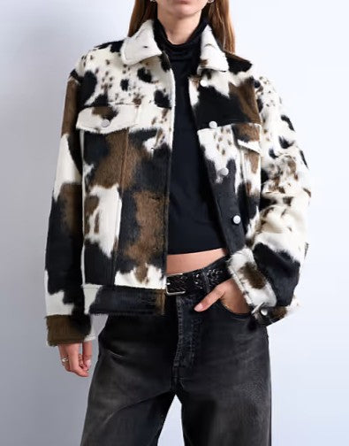 Cow Print Faux Fur Western-style Cowboy Jacket