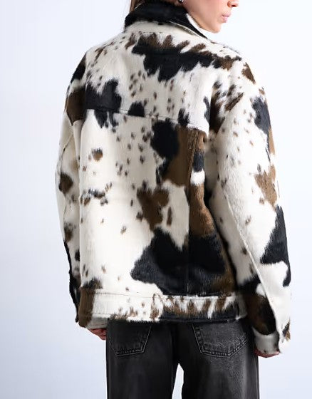 Cow Print Faux Fur Western-style Cowboy Jacket