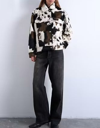 Cow Print Faux Fur Western-style Cowboy Jacket