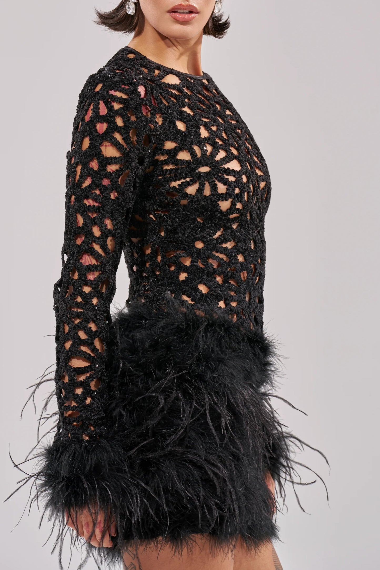 Feathered Knit Crochet Mini Dress