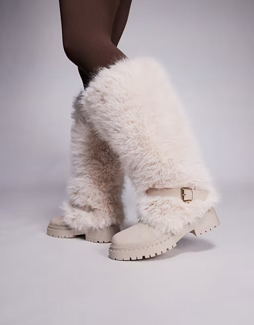Faux Fur Knee-high Boots With Buckle Detail.