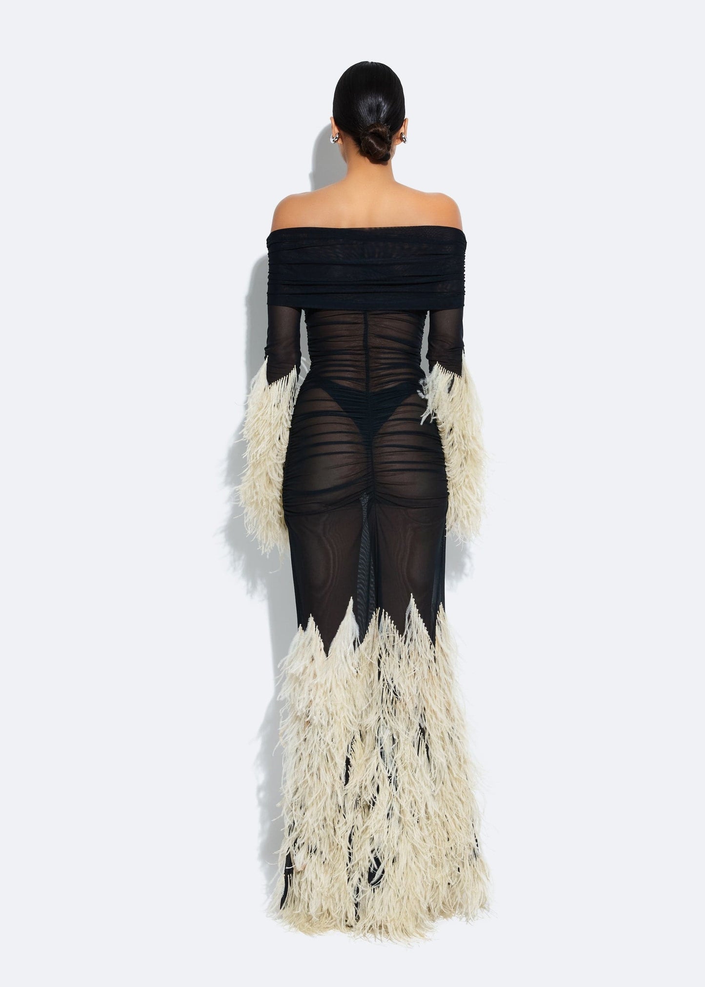 Mesh Off The Shoulder Gown With Feathers
