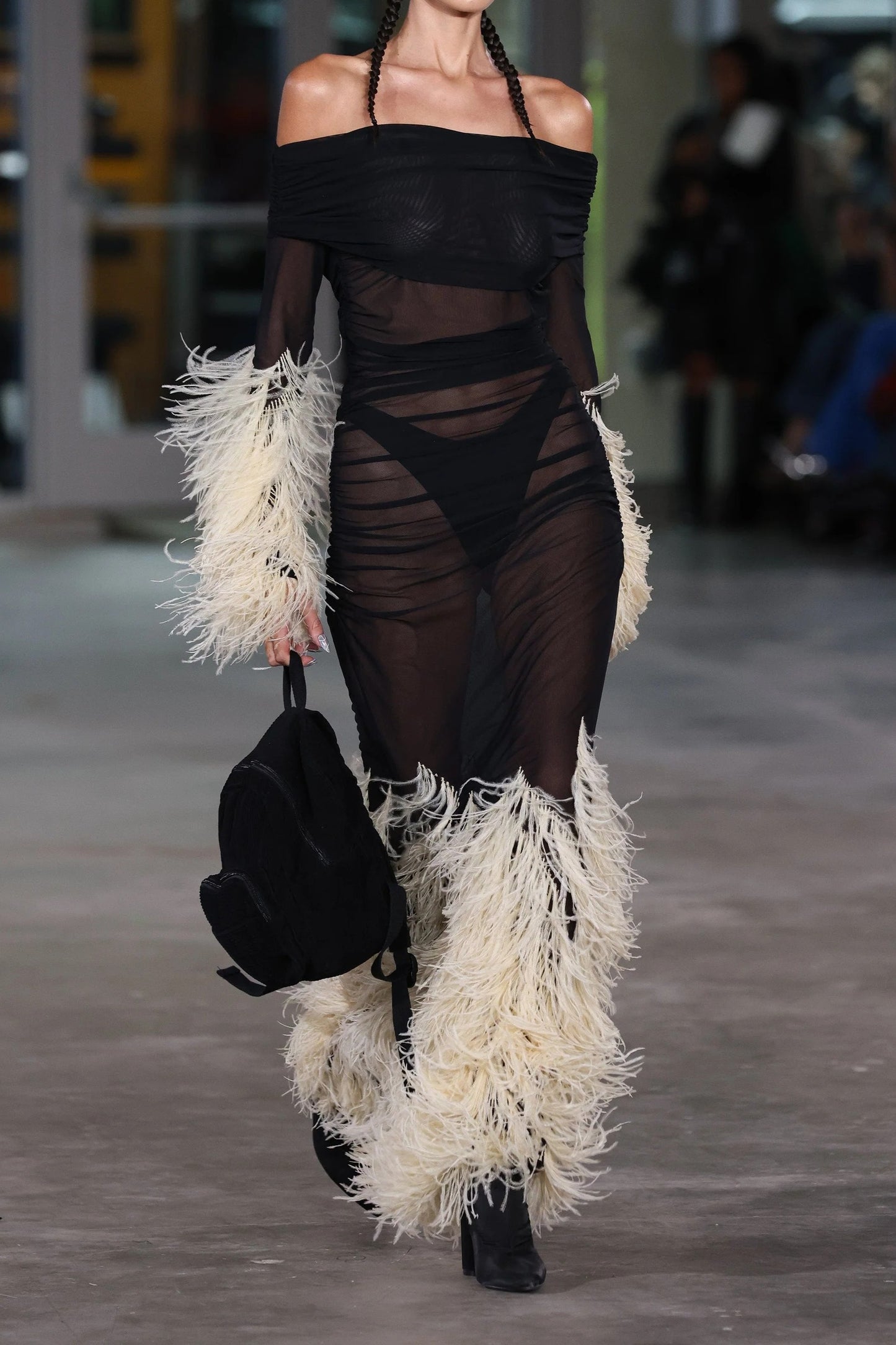 Mesh Off The Shoulder Gown With Feathers