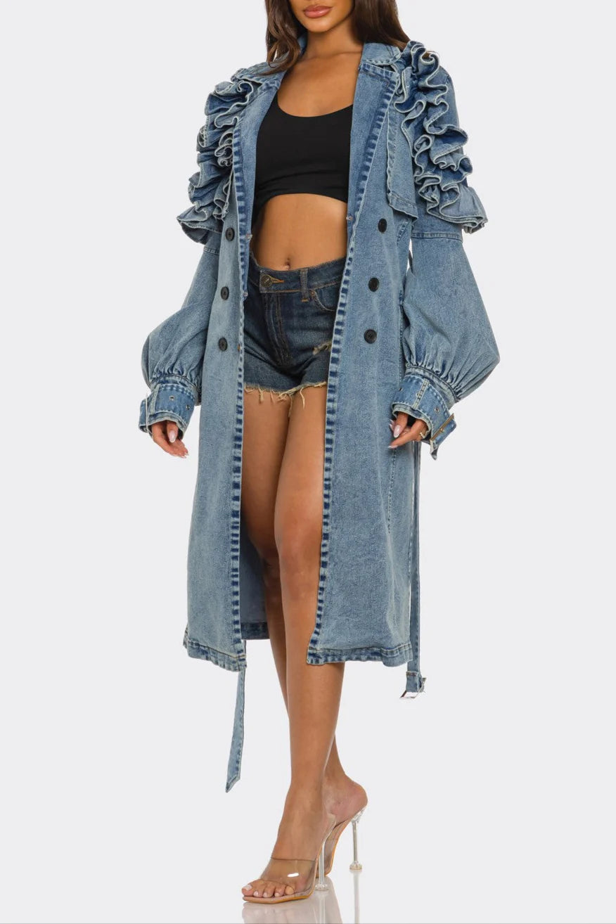 Chic Ruffled Denim Coat