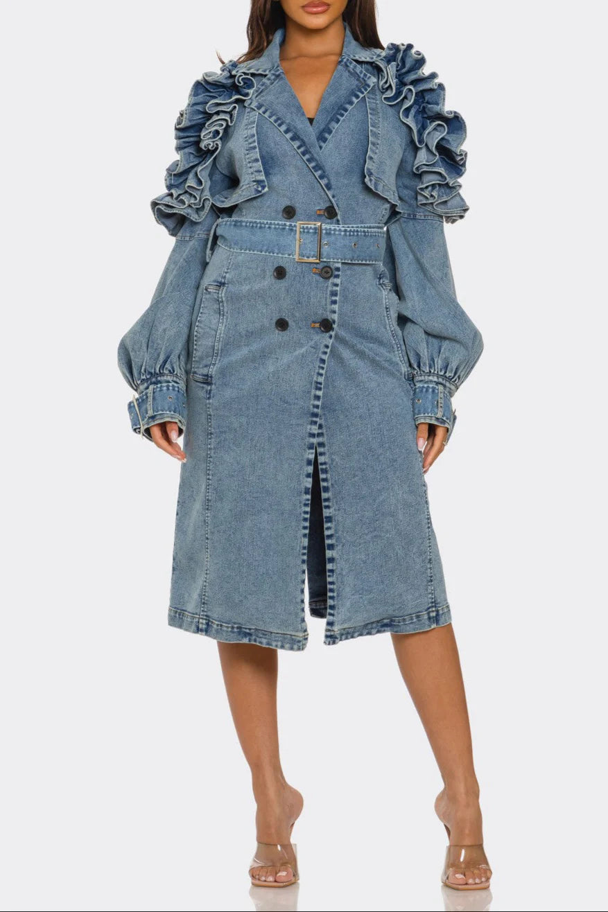 Chic Ruffled Denim Coat
