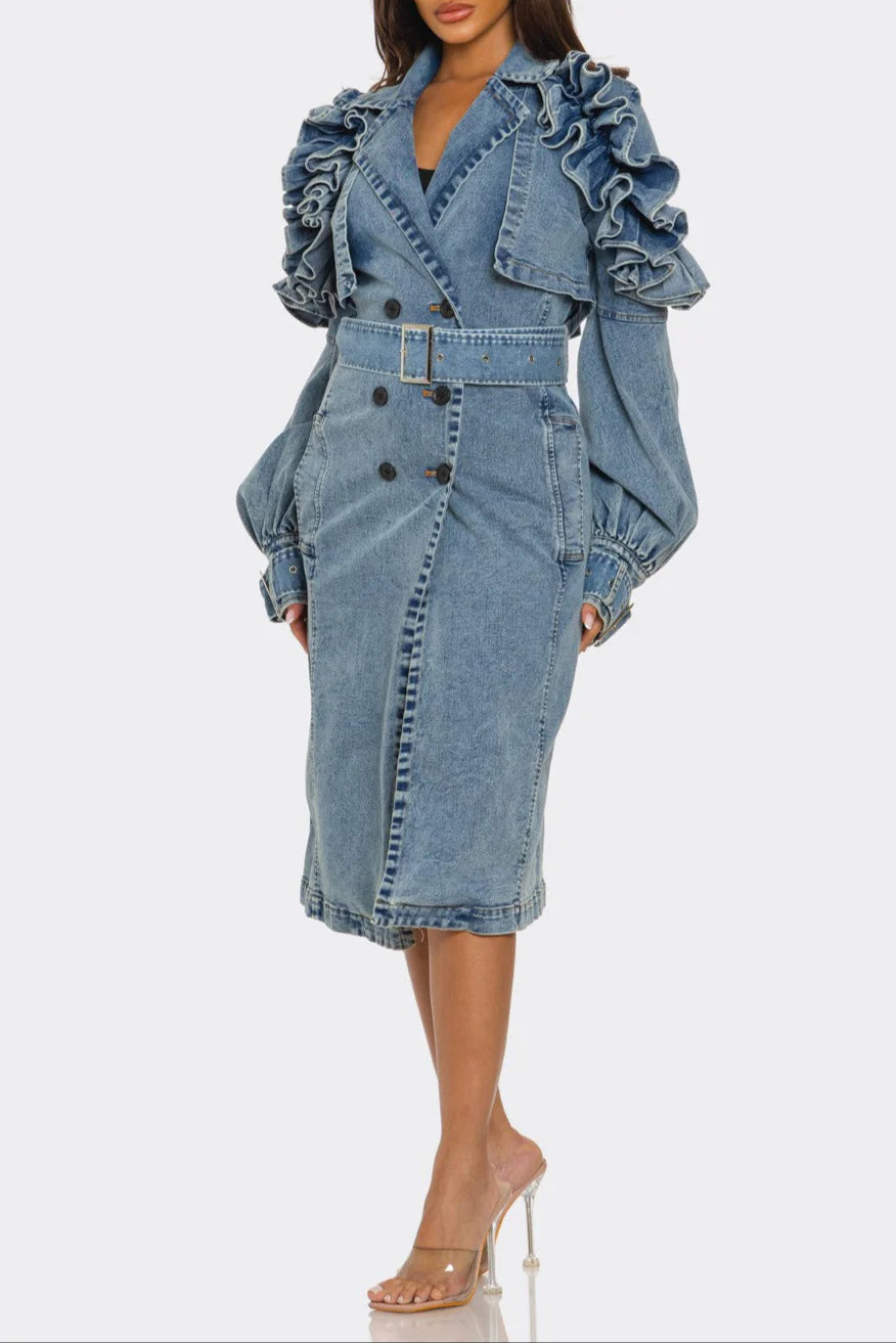 Chic Ruffled Denim Coat