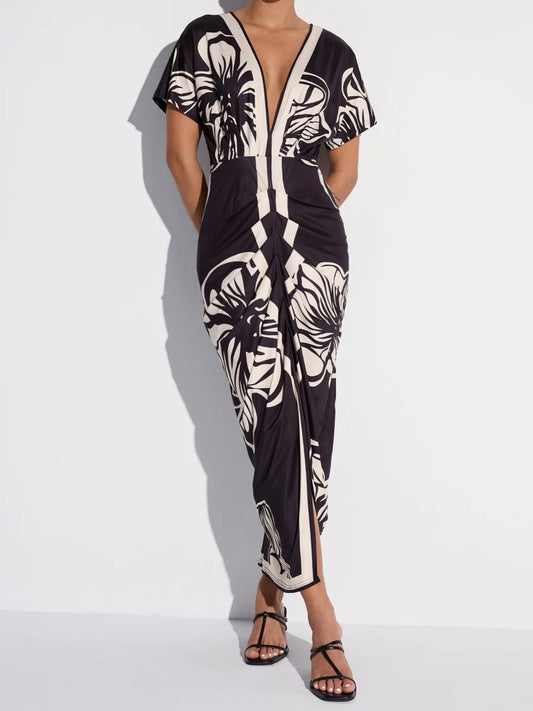 Floral Printed Ruched Deep V-Neck Midi Dress