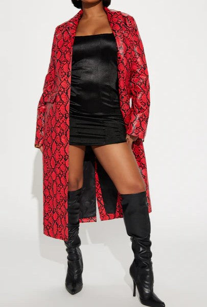 Red Patterned Leather Coat