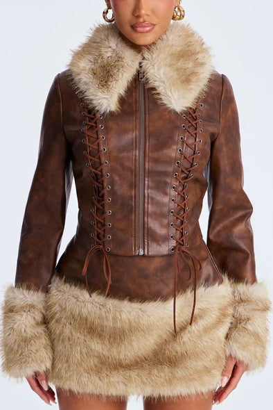 Sexy Faux Fur Trim Mini Dress Set