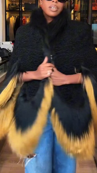 Black and gold contrasting color eco-friendly faux fur shawl
