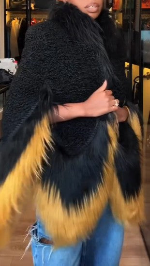 Black and gold contrasting color eco-friendly faux fur shawl