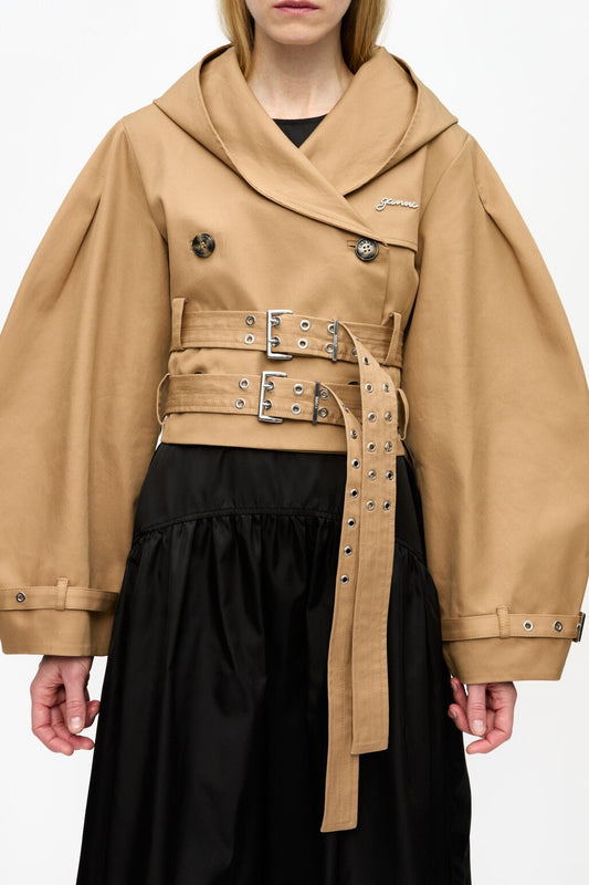 Camel Bonded Cotton Short Trench Jacket