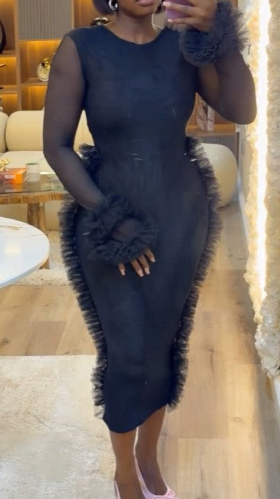 Black Mesh Paneling And Fringe Detail Bodycon Skirt