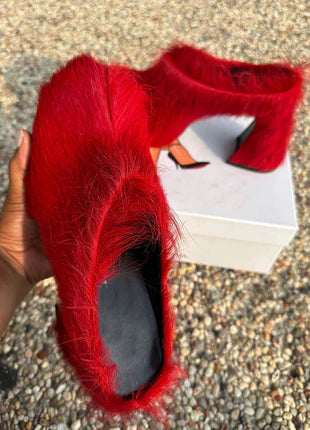 Long-haired Calfskin Slip-on High-heeled Mules