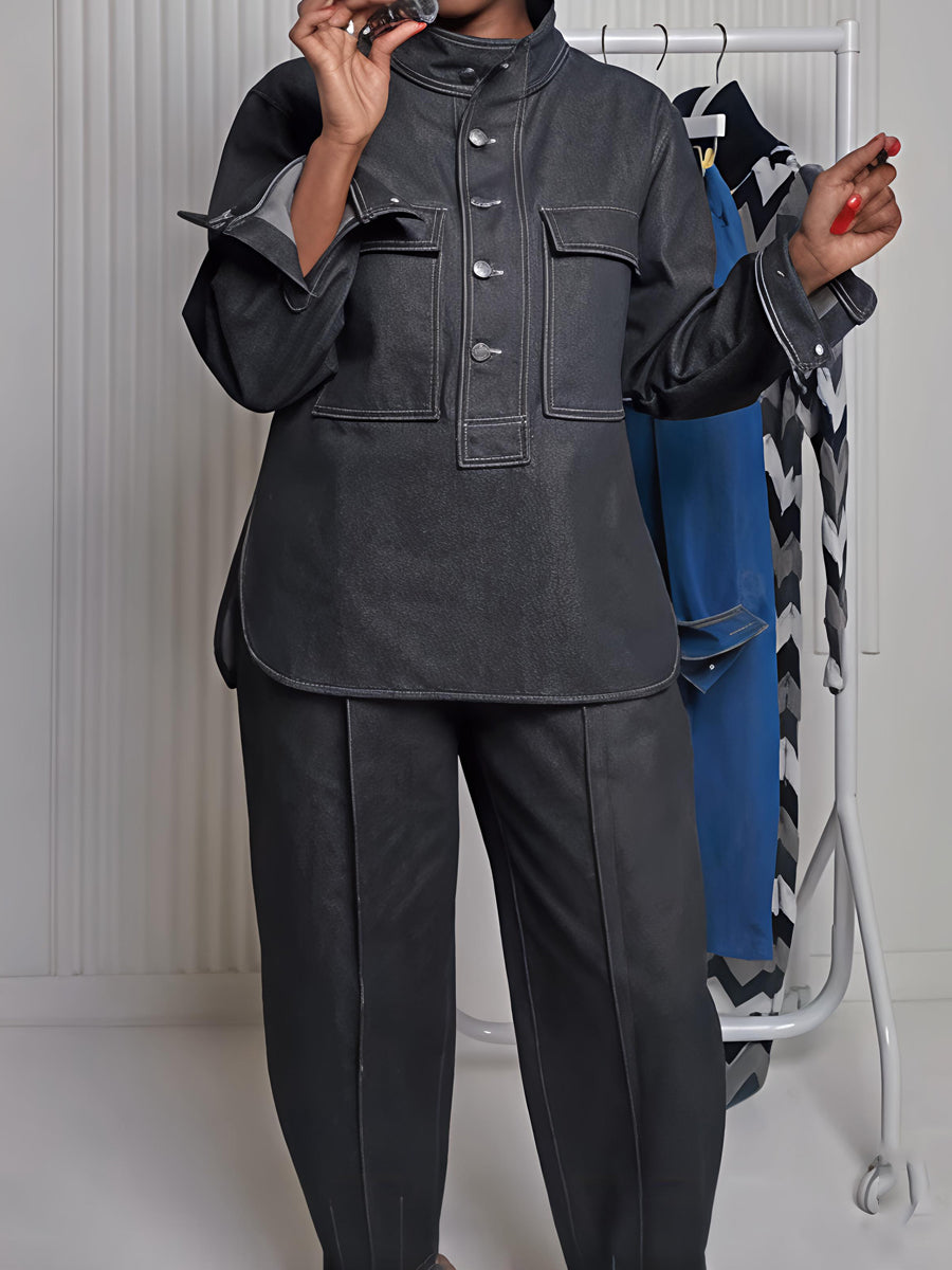 Denim Stand Collar Pockets Two Pieces Set