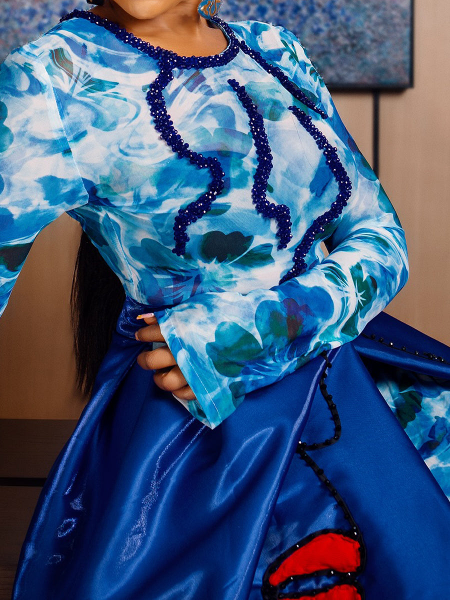 Fashion Printed Beads Two Pieces Dress