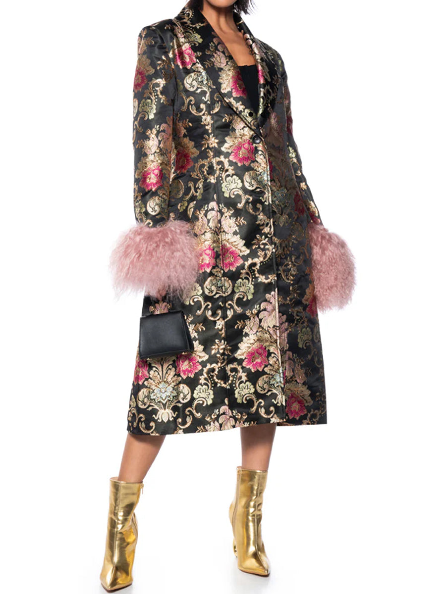 Detachable Faux Fur Patchwork Floral Print Coat（Free shipping）