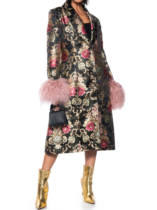 Detachable Faux Fur Patchwork Floral Print Coat（Free shipping）