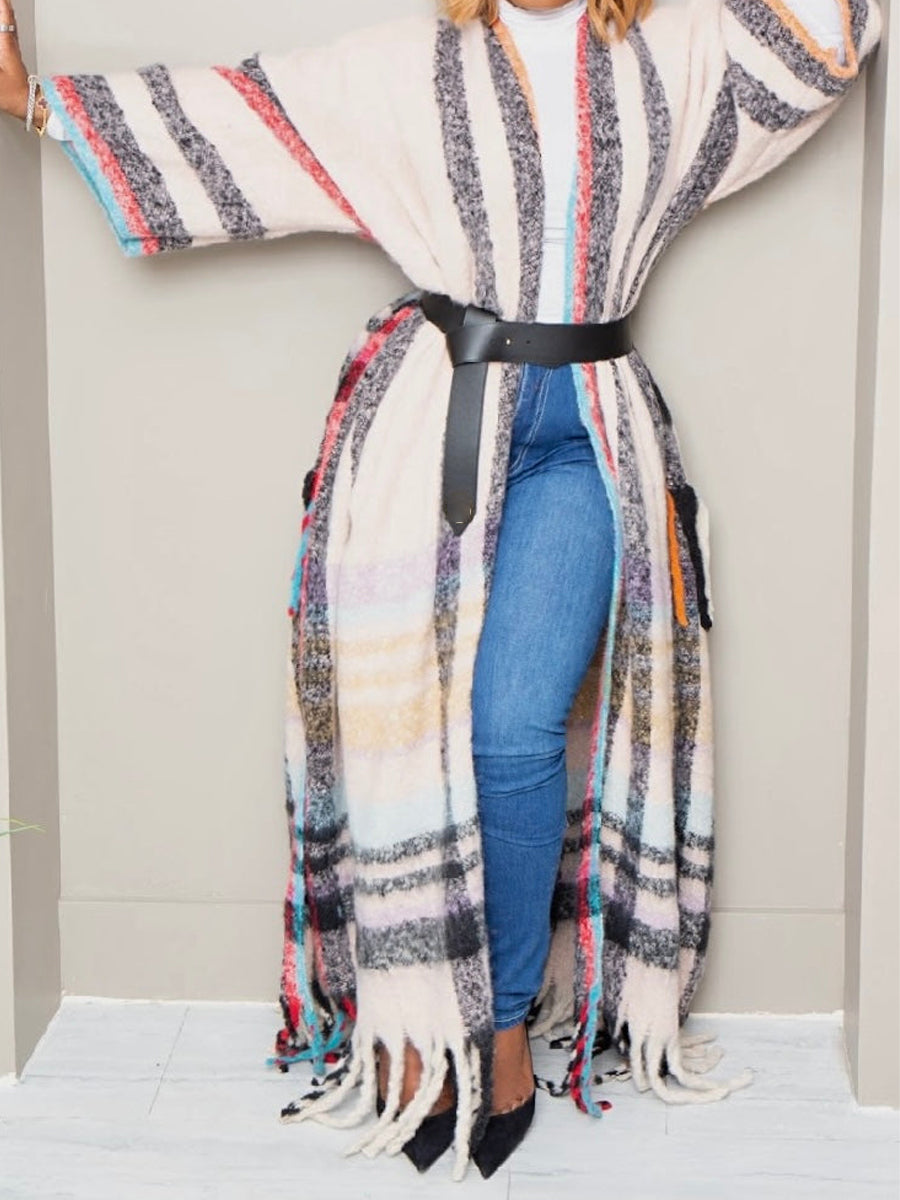 Multi-color Fringed Hem Poncho Coat