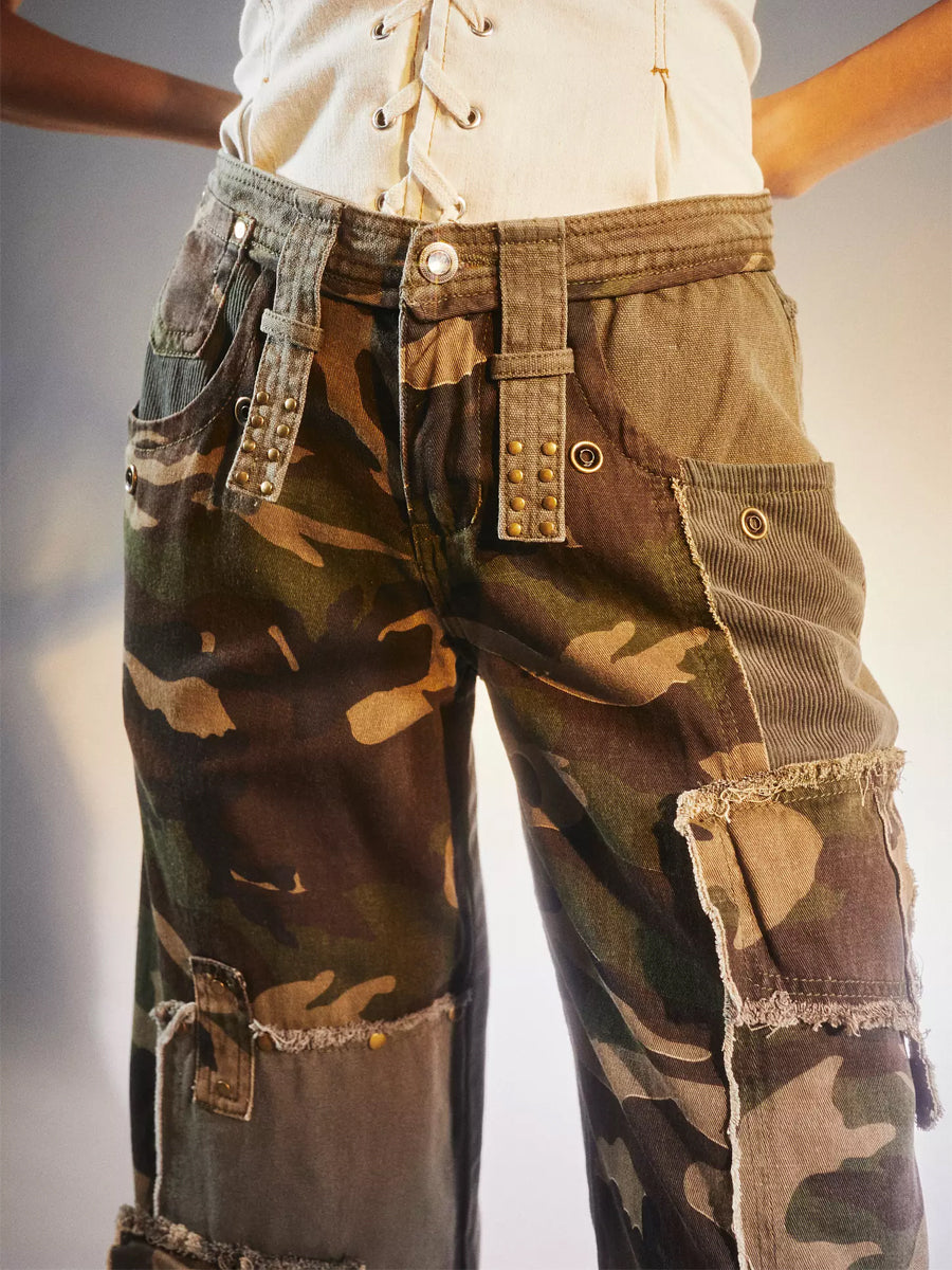 Camouflage Print Patchwork Distressed Trousers