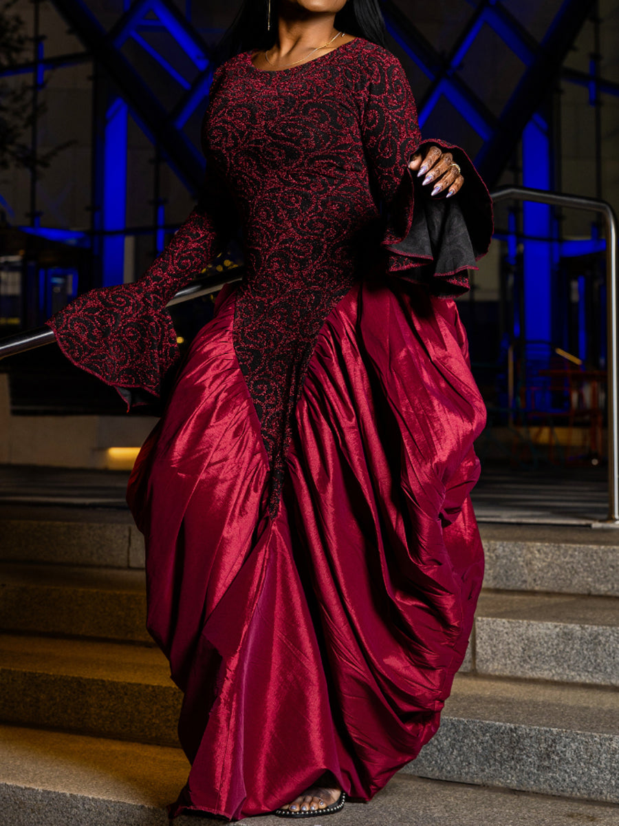 Elegant Printed Flare Sleeve Patchwork Maxi Dress