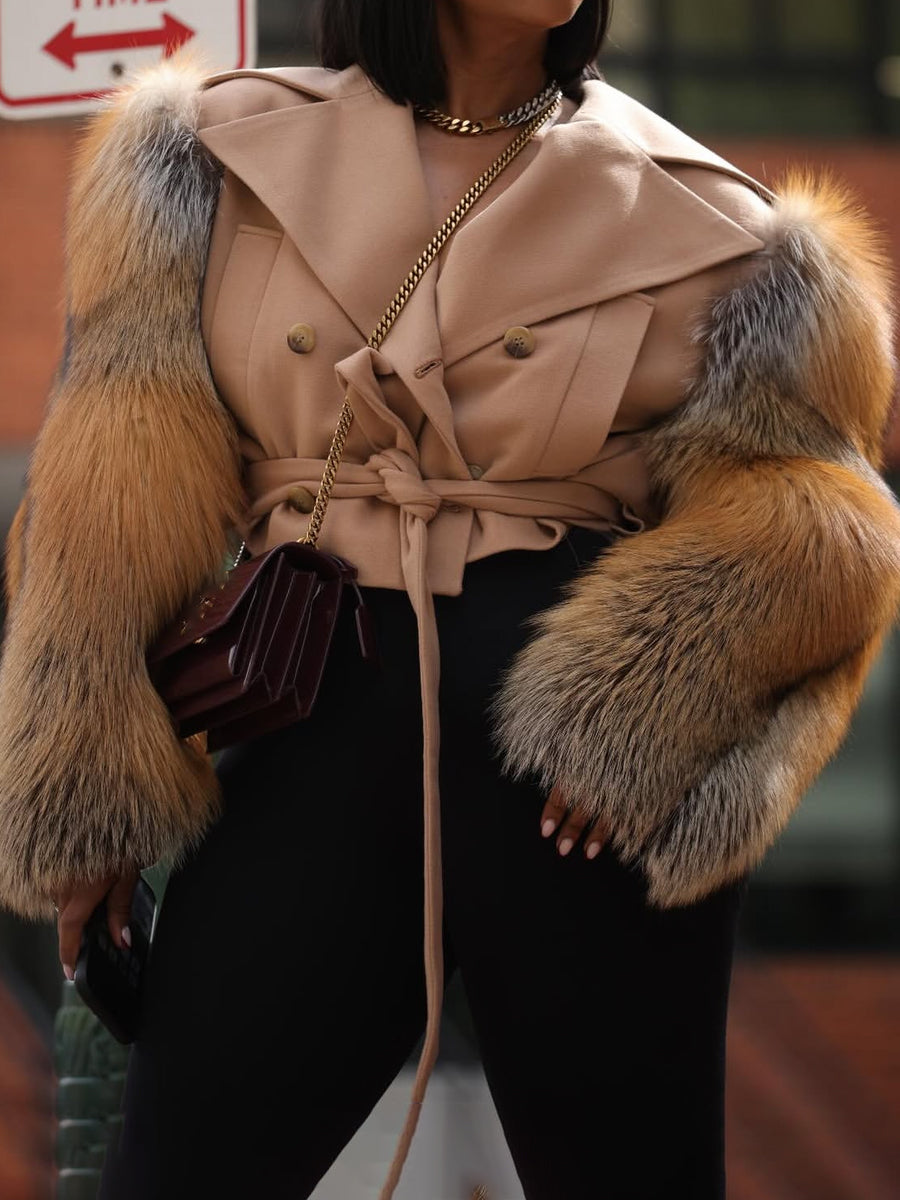 Faux Fur Patchwork Belted Crop Coat（Free shipping）